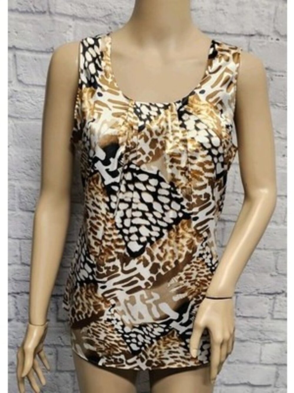 ESSENTIALS BY MILANO S PLEATED CHEETAH ZEBRA SATIN DRESS TANK TOP BLOUSE